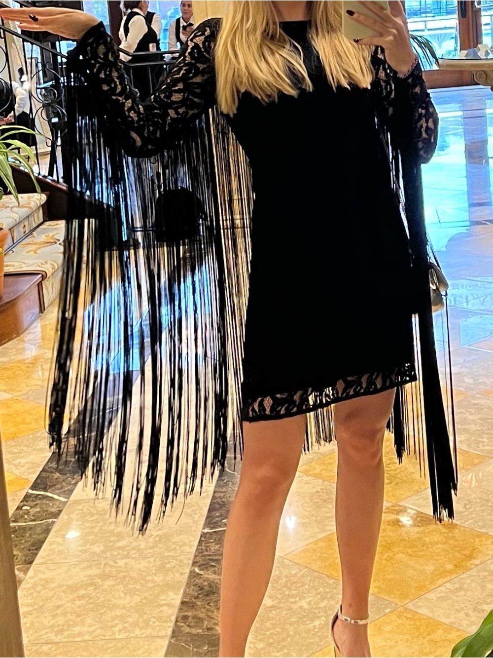 MICHAEL Michael Kors Black Fringe Lace-Sleeve Mini Dress